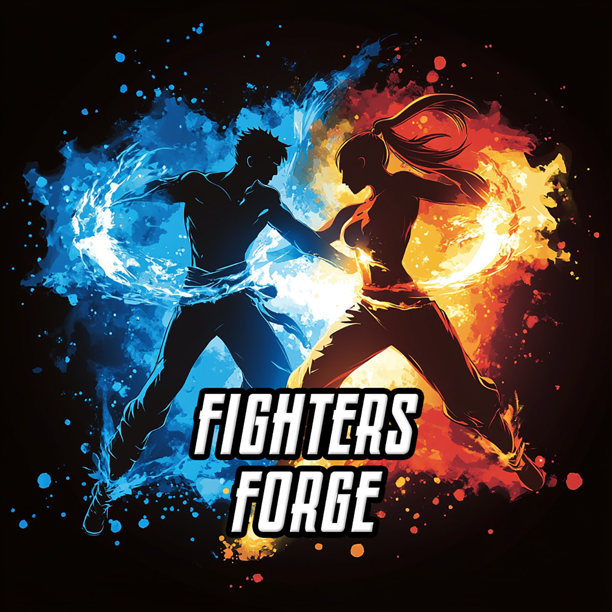 Two Fighter Silhouettes charged up with elemental powers